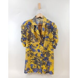 SooLinen Floral Blazer Womens XL Yellow Blue Sheer Puff Sleeve Double Breast